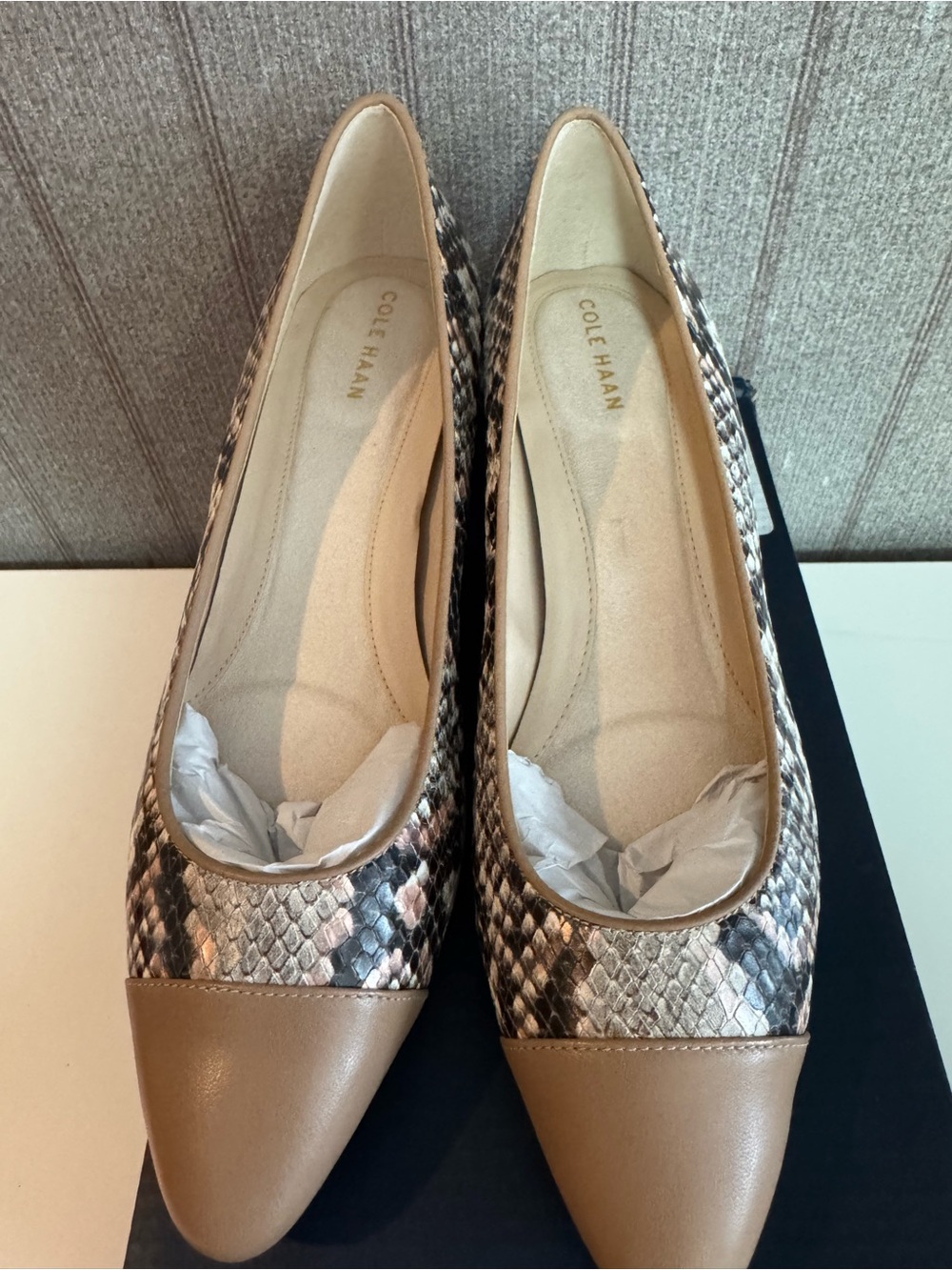 Cole Haan Snake-Print Block Heel Pumps with Taupe Cap Toe - Picture 6 of 6